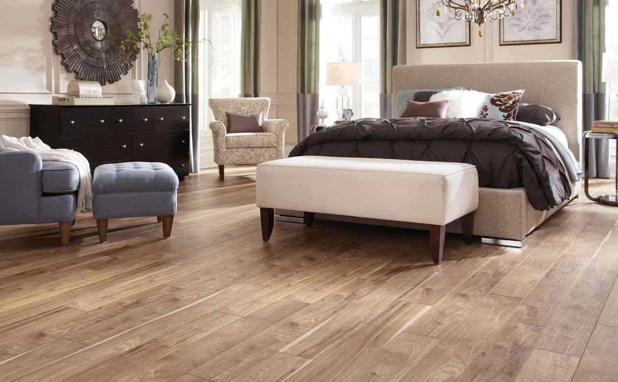 wood look tile in luxurious bedroom